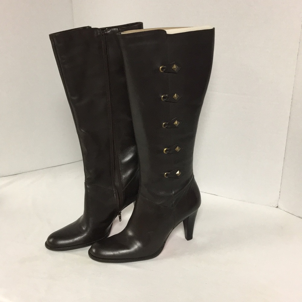 Nina Dark Chocolate Brown Leather Knee-High Heeled Boots - NWOT